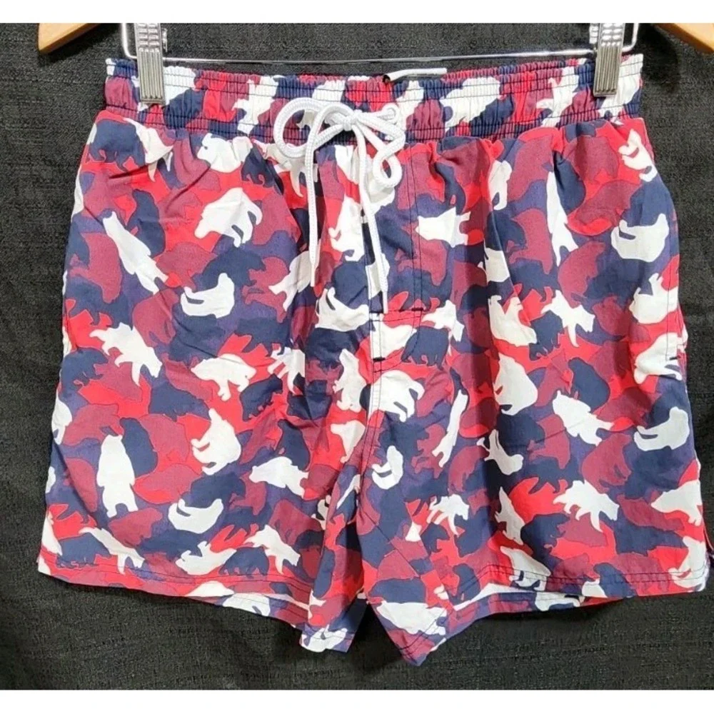 Bear Bottom Swim Trunks Mens Large Red Blue White Bear Print‎ Mesh Lined Stretch